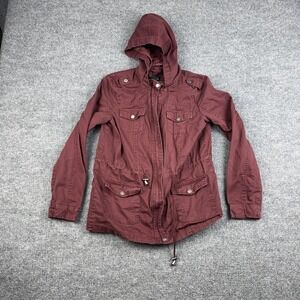 New Look Jacket Womens Small Red Hooded Anorak Utility Pockets Cotton Shell